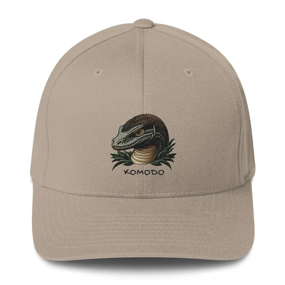 Khaki embroidered Komodo dragon head structured twill cap – wildlife stretch fit hat