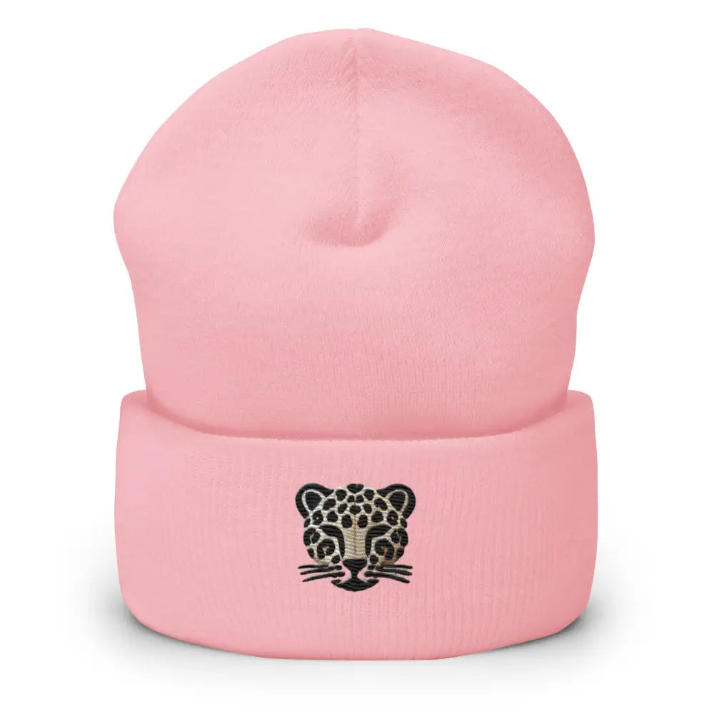 Pink embroidered leopard cuffed beanie – acrylic winter knit hat for women