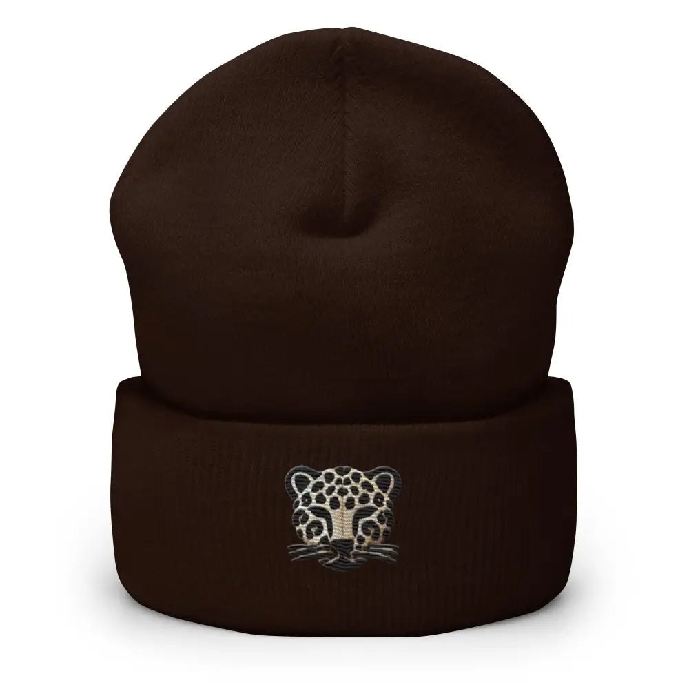 Dark brown embroidered leopard cuffed beanie – acrylic winter knit hat