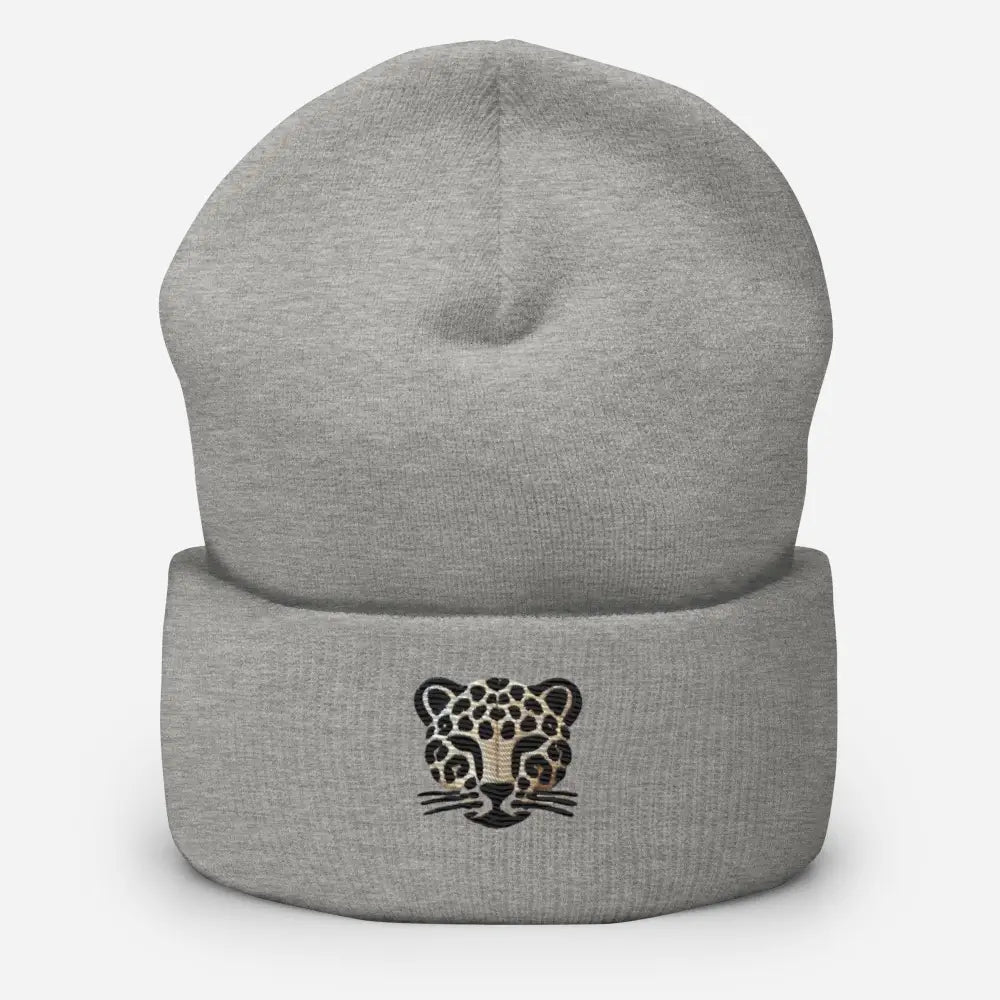 Heather grey embroidered leopard cuffed beanie – acrylic winter knit hat