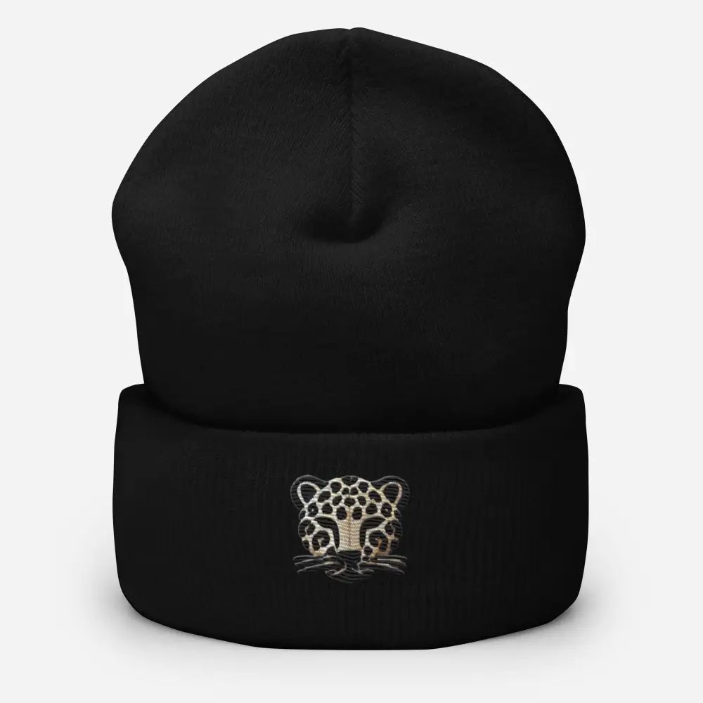 Black embroidered leopard cuffed beanie –ured acrylic winter knit hat unisex