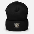 Black embroidered leopard cuffed beanie –ured acrylic winter knit hat unisex