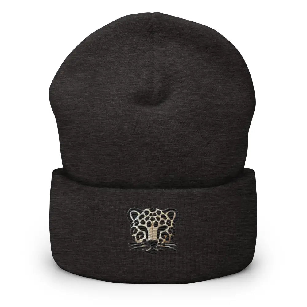 Dark grey embroidered leopard cuffed beanie – acrylic winter knit hat unisex