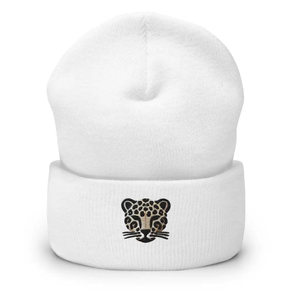 White embroidered leopard cuffed beanie – acrylic winter knit hat unisex