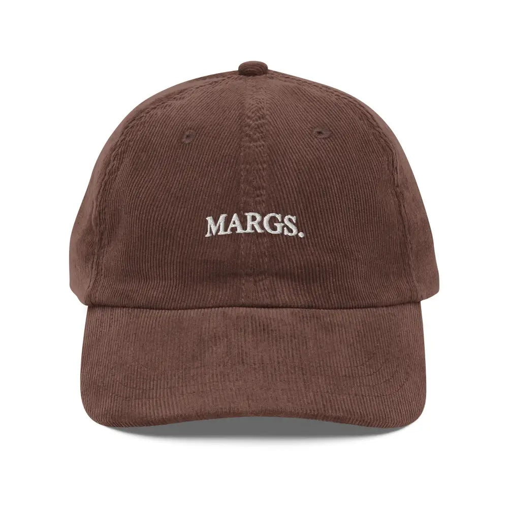 Embroidered Margs vintage corduroy cap in brown with white text