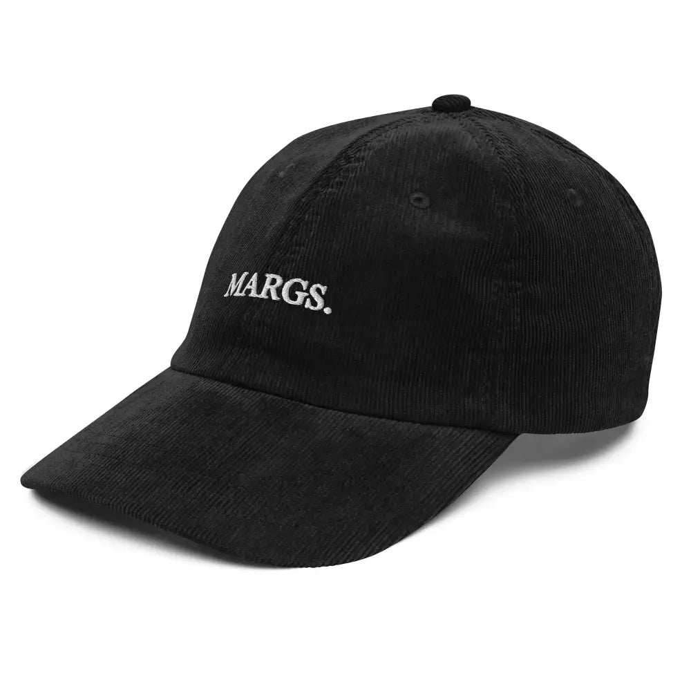 Embroidered Margs black vintage corduroy cap with white text