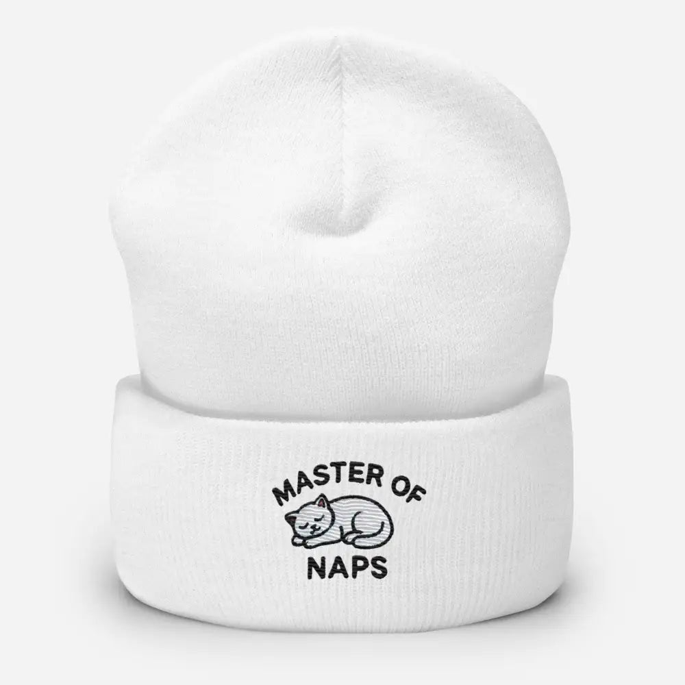 White embroidered Master of Naps cat beanie – funny sleeping cat knit winter hat