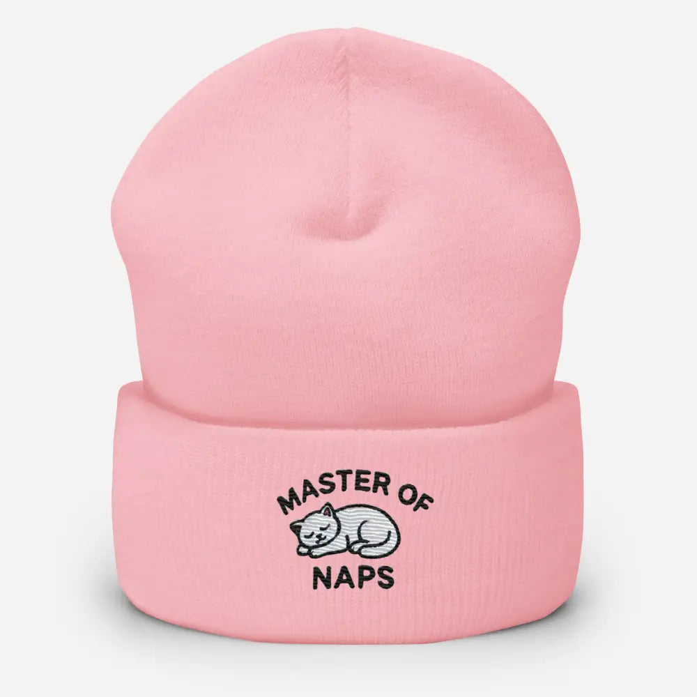 Pink embroidered Master of Naps cat beanie – funny sleeping cat knit winter hat
