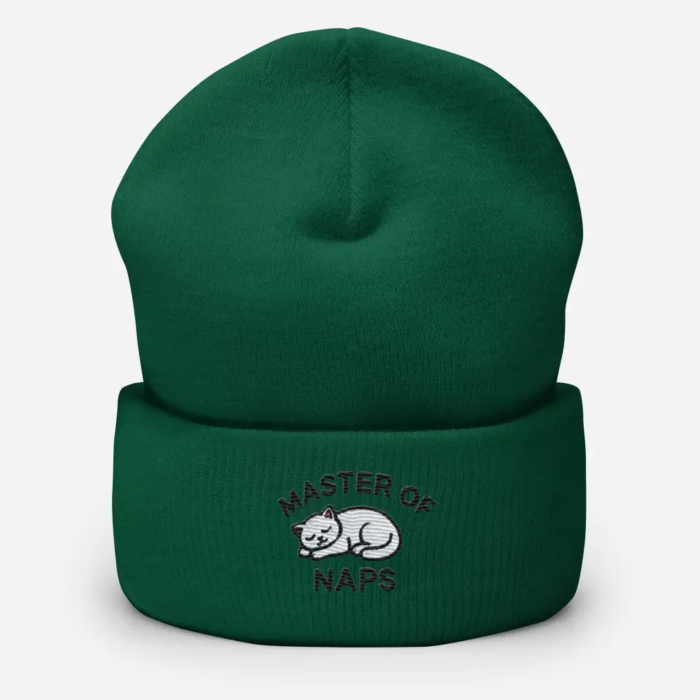 Dark green embroidered Master of Naps cat beanie – funny sleeping cat knit winter hat