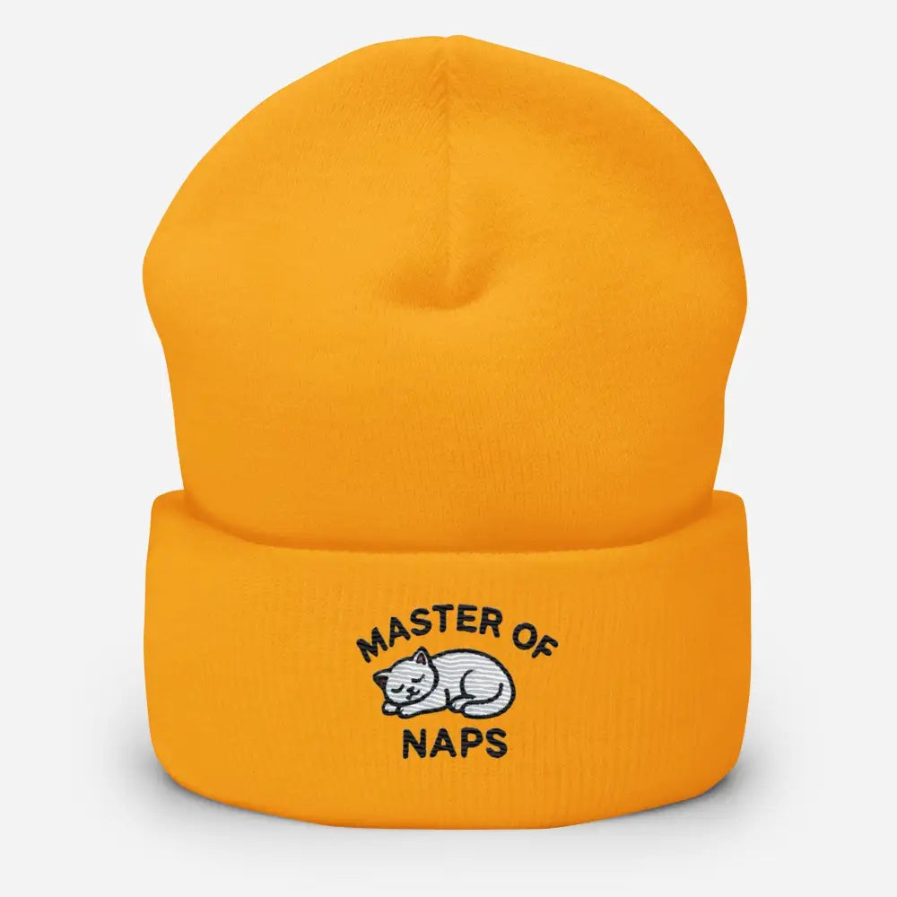 Yellow embroidered Master of Naps cat beanie – funny sleeping cat knit winter hat