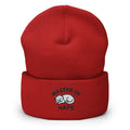 Red embroidered Master of Naps cat beanie – funny sleeping cat knit winter hat