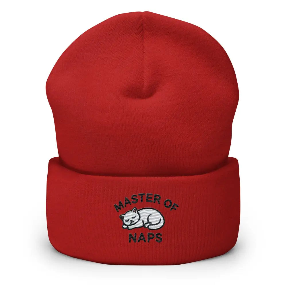 Red embroidered Master of Naps cat beanie – funny sleeping cat knit winter hat