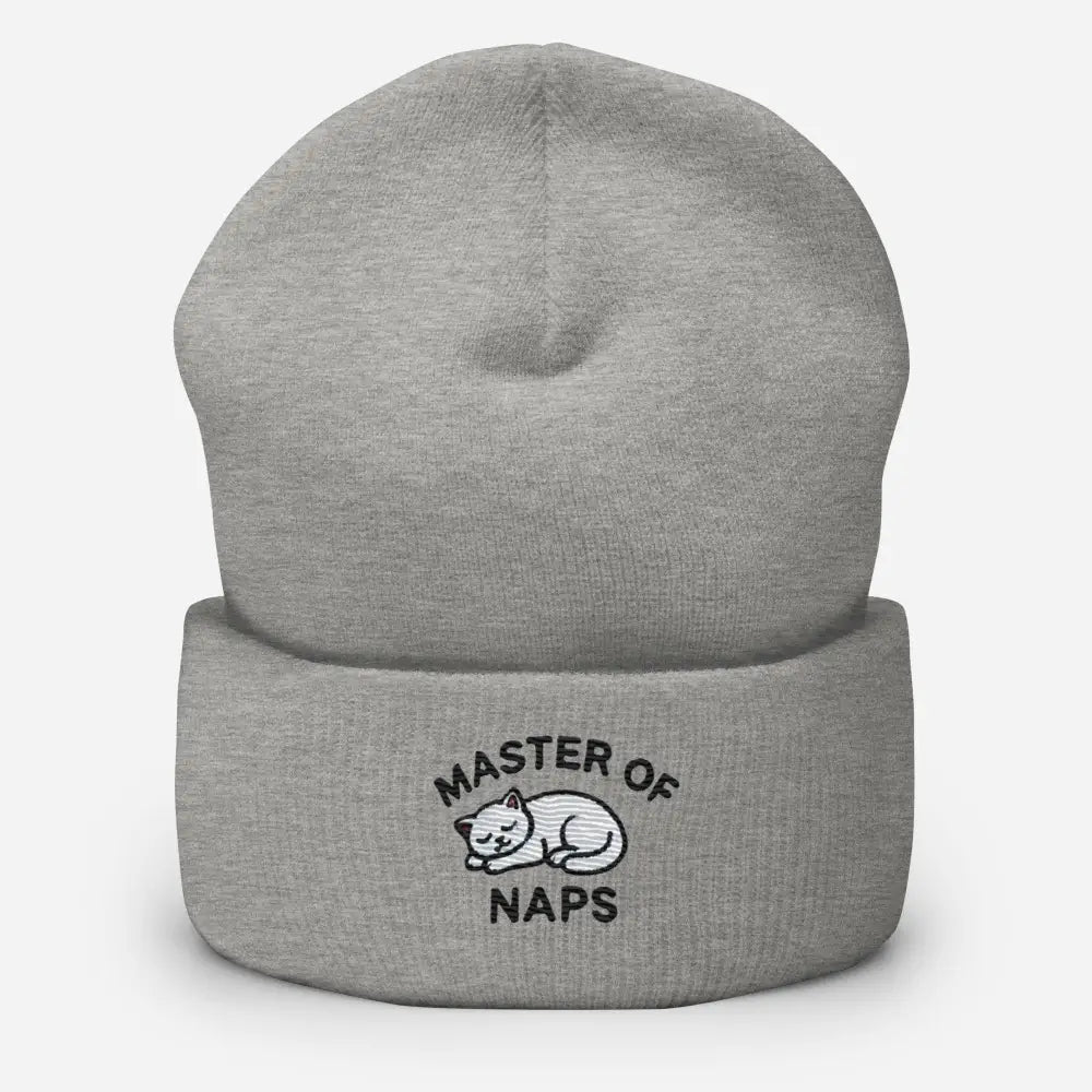 Grey embroidered Master of Naps cat beanie – funny sleeping cat knit winter hat