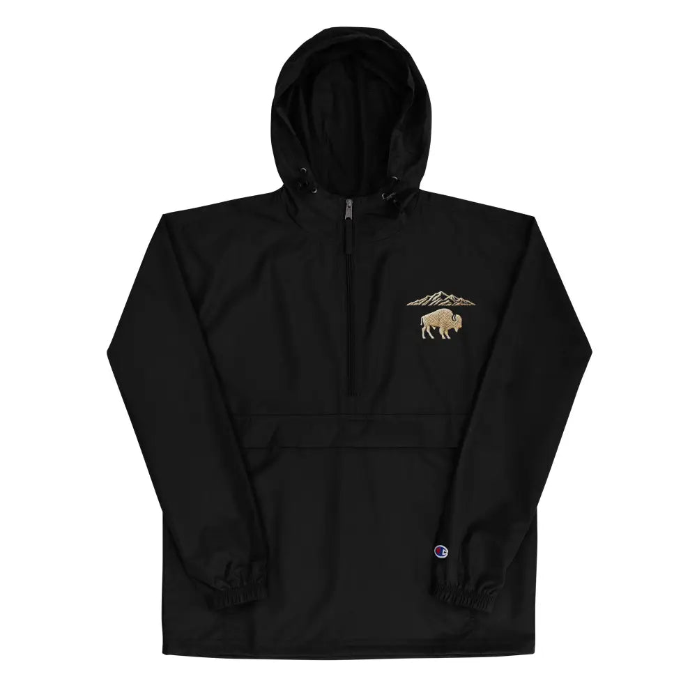 Embroidered National Park Bison Mountains Black Champion Windbreaker