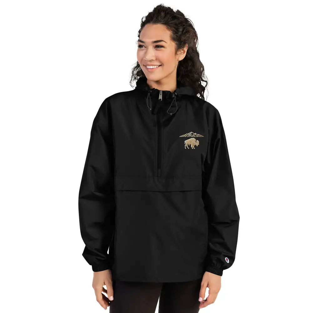 Embroidered National Park bison mountains black hooded windbreaker