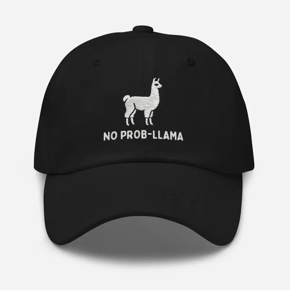 Black embroidered No Prob Llama hat front view – funny llama cotton baseball cap