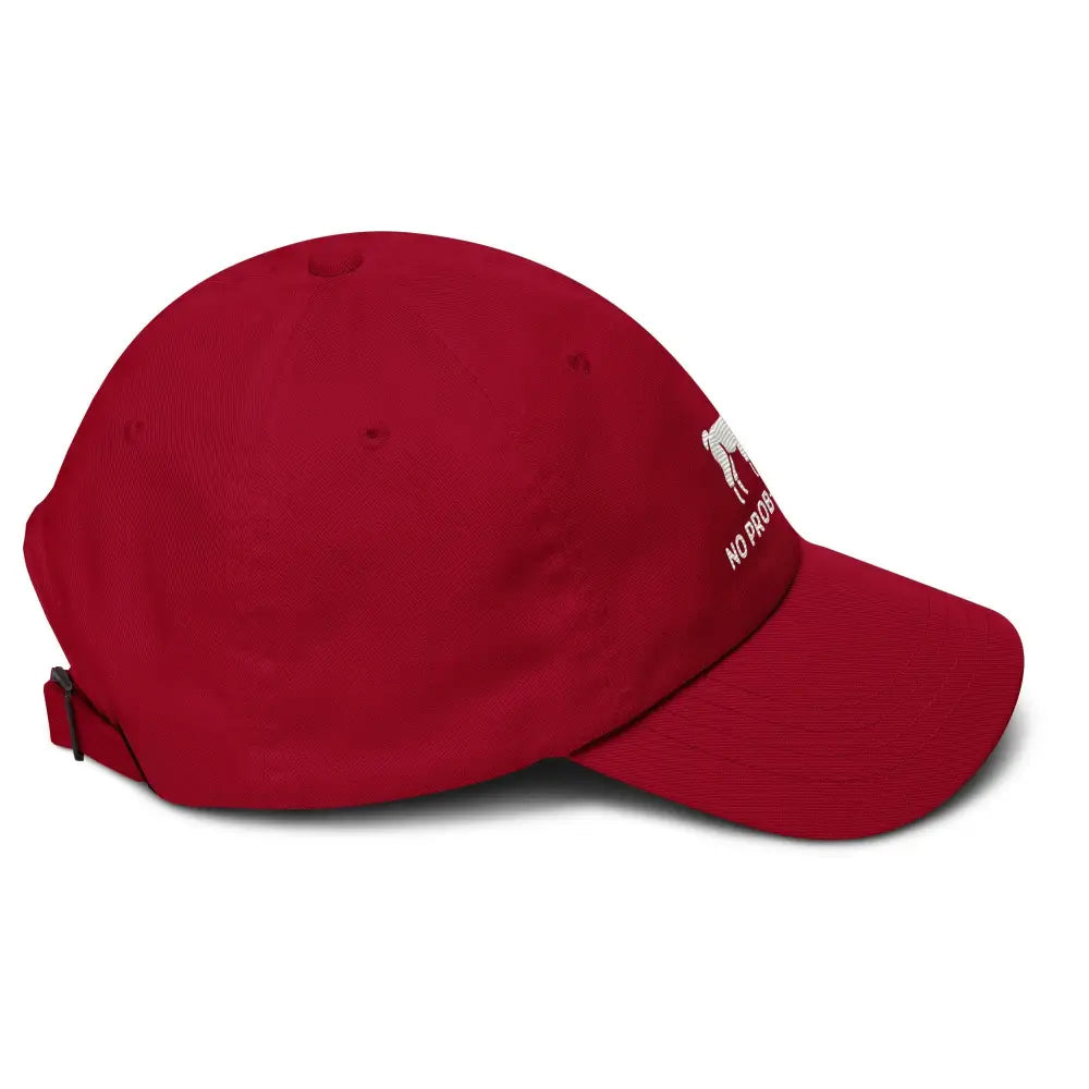 Red No Prob Llama embroidered dad hat flat lay – funny llama cotton twill baseball cap