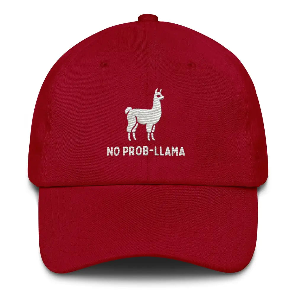 Red embroidered No Prob Llama dad hat on model – funny llama cotton twill cap