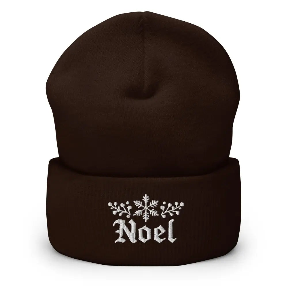 Embroidered Noel cuffed beanie with snowflake design in dark brown