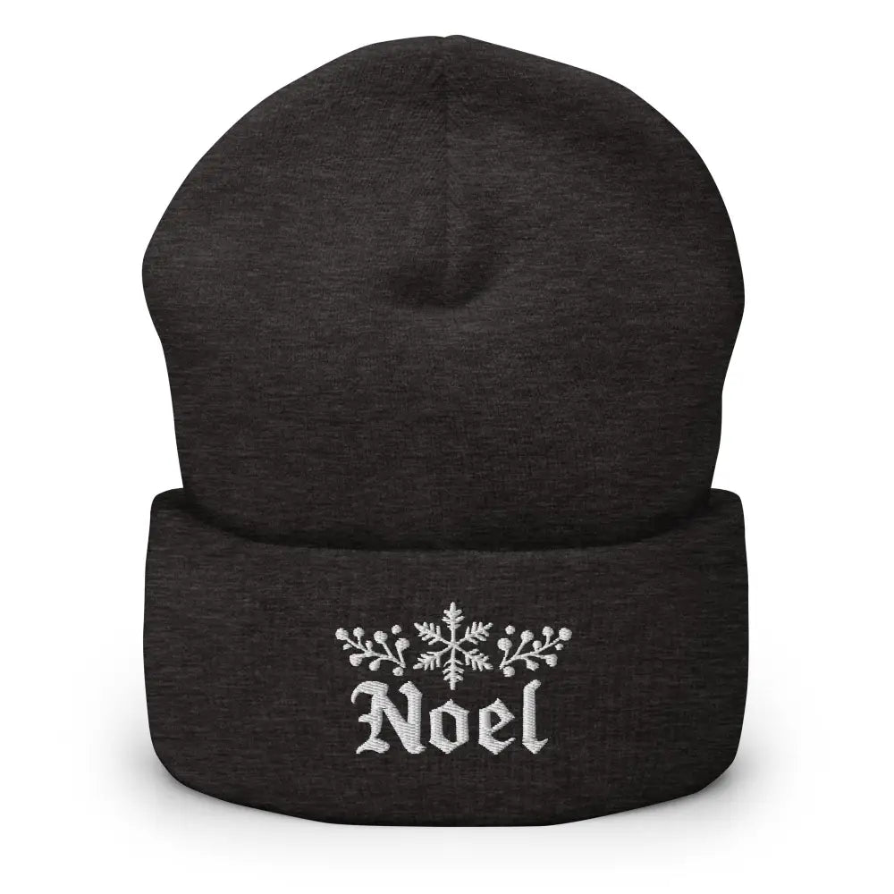 Dark gray embroidered noel cuffed beanie with snowflake design