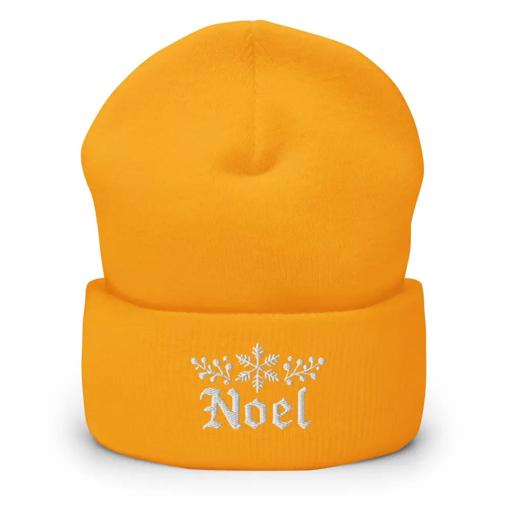 Embroidered Noel orange knit cuffed beanie by Trini Skies