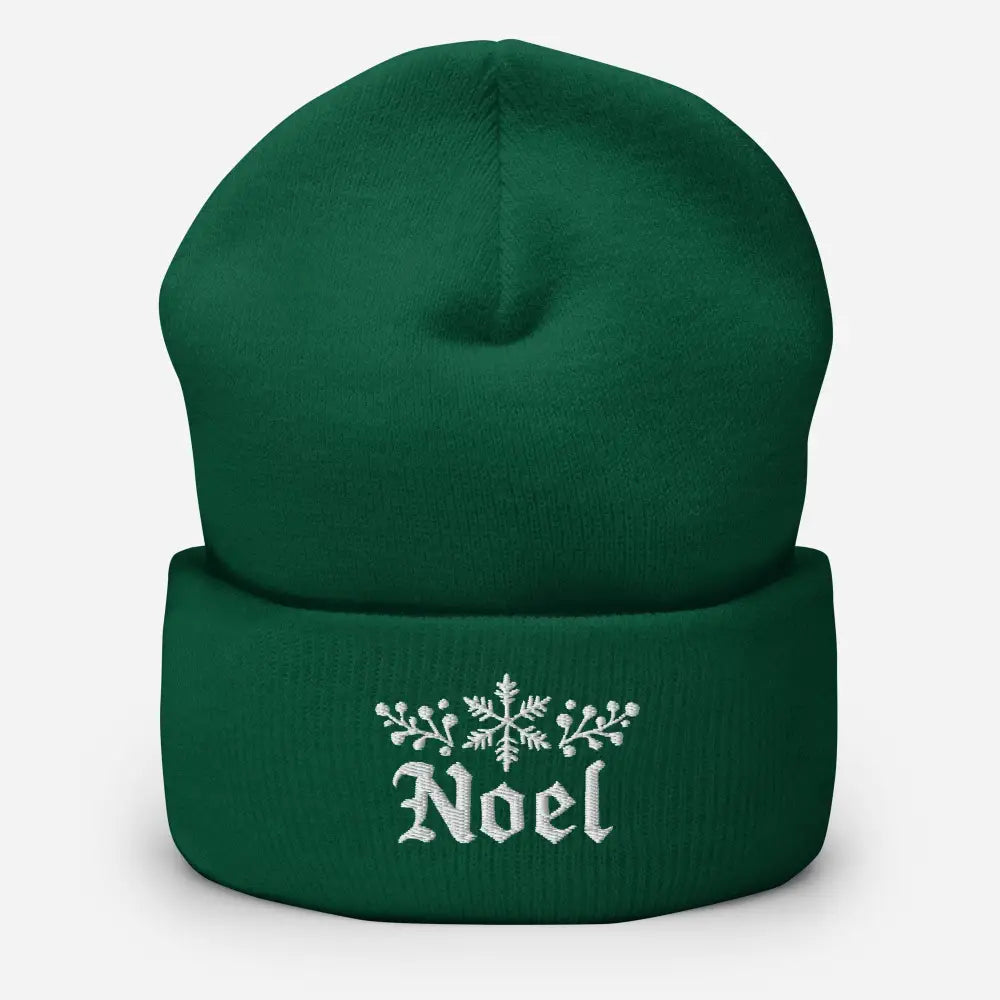 Dark green embroidered Noel snowflake cuffed beanie by Trini Skies