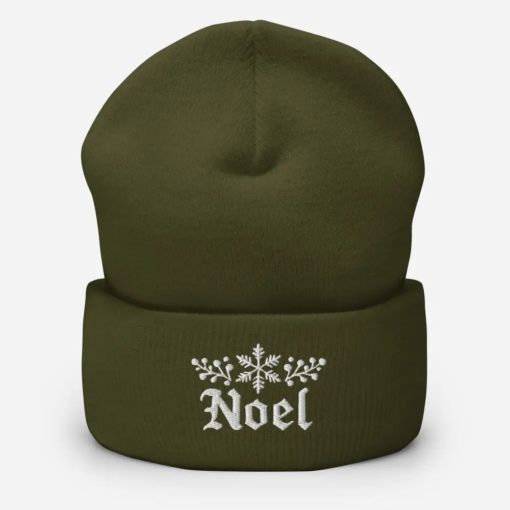 Olive green embroidered Noel cuffed beanie with snowflake design