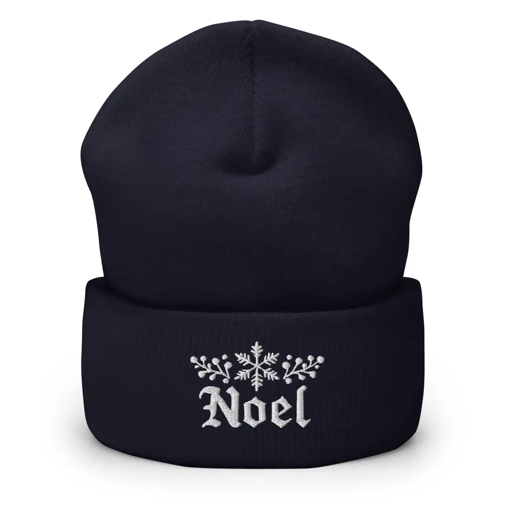 Embroidered Noel cuffed beanie with snowflake knit in dark blue