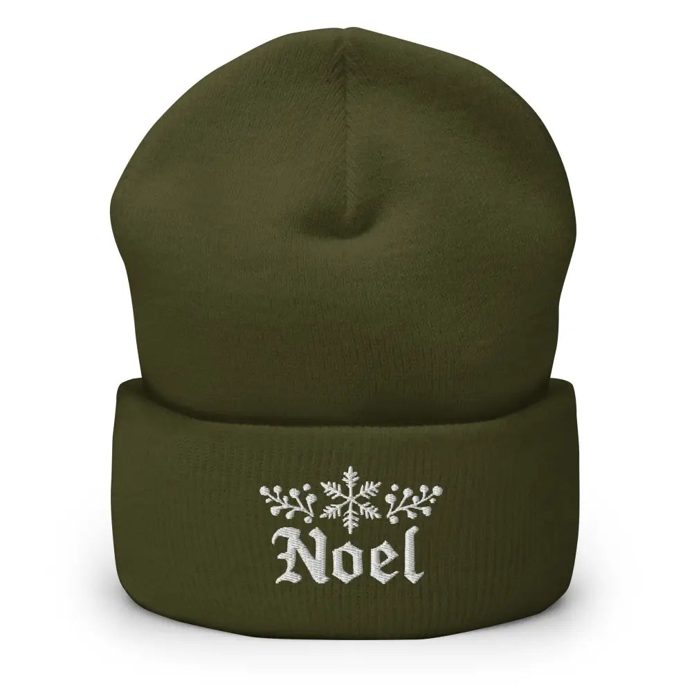 Embroidered Noel cuffed beanie in olive green with snowflakes