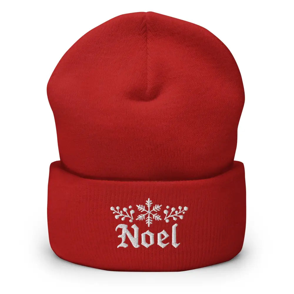 Red Embroidered Noel Snowflake Cuffed Beanie by Trini Skies