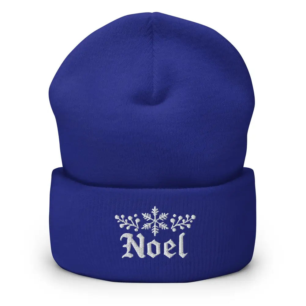 Embroidered Noel snowflake cuffed beanie in royal blue by Trini Skies