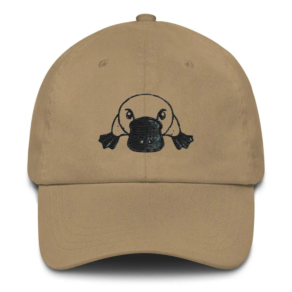 Khaki embroidered platypus dad hat – chino cotton twill antique buckle adjustable cap