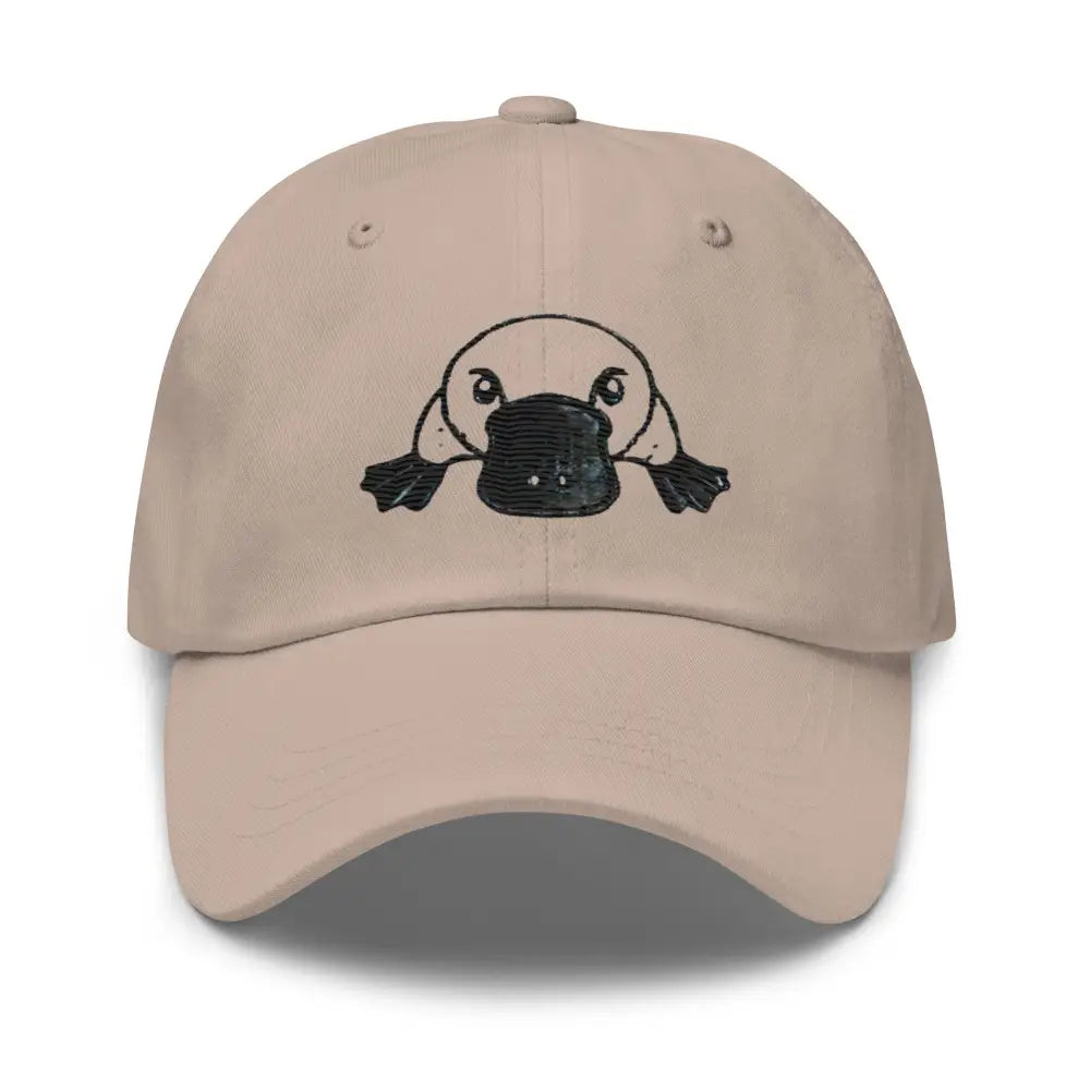 Stone embroidered platypus dad hat – chino cotton twill antique buckle cap