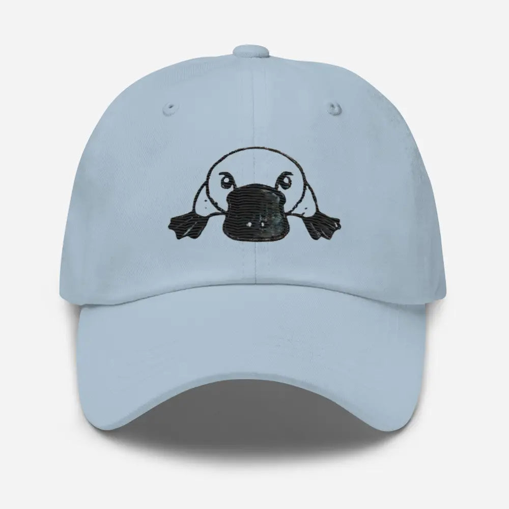 Light blue embroidered platypus dad hat – chino cotton twill antique buckle adjustable cap