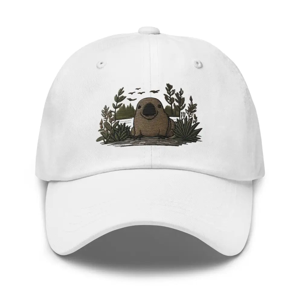 White embroidered platypus chino cotton twill hat – adjustable wildlife baseball cap