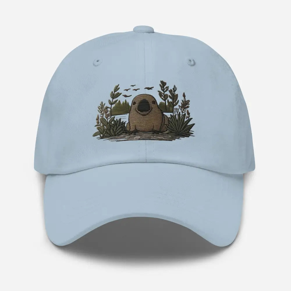 Light blue embroidered platypus chino cotton twill hat – adjustable wildlife baseball cap