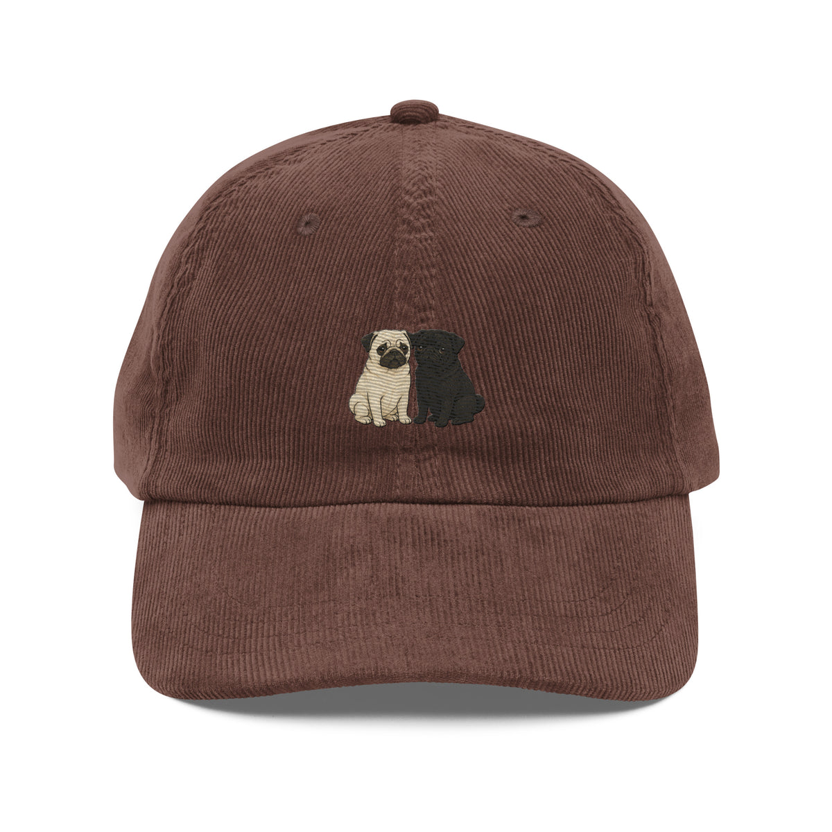 Brown corduroy pug dad hat, front view, with an embroidered fawn pug and black pug side by side
