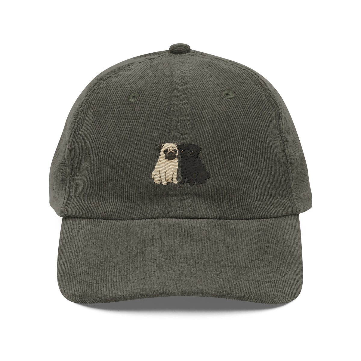 Olive corduroy pug dad hat, front view, with an embroidered fawn pug and black pug side by side