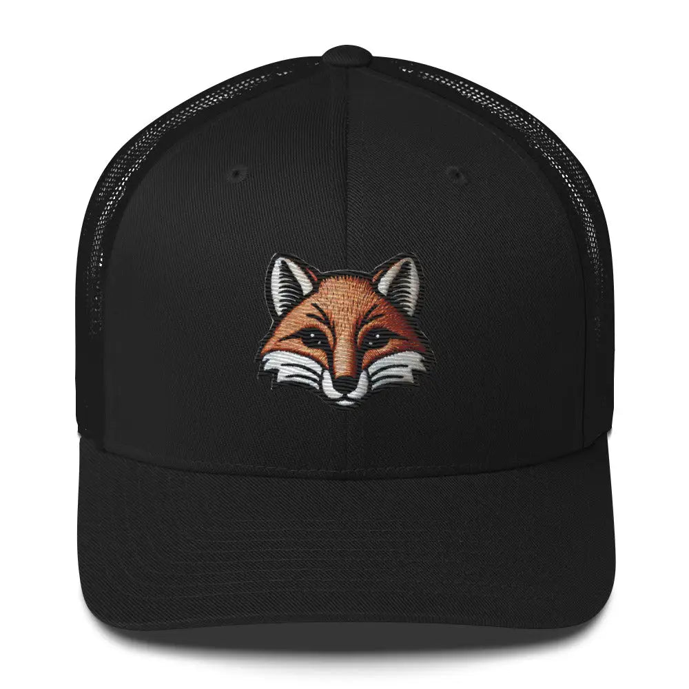Trini Skies black trucker hat with embroidered fox head