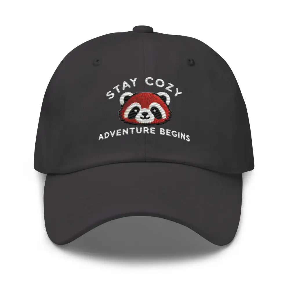 Dark grey embroidered red panda Stay Cozy hat – chino cotton twill wildlife baseball cap