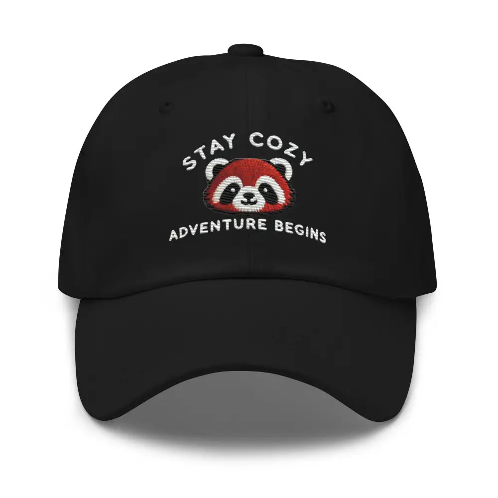 Black embroidered red panda Stay Cozy dad hat – chino cotton twill adjustable wildlife cap