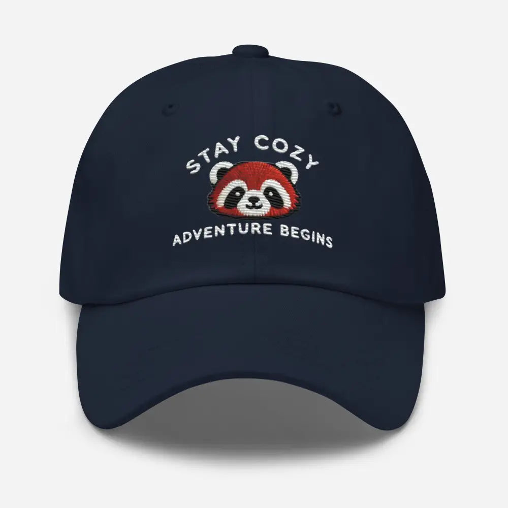 Dark blue embroidered red panda Stay Cozy hat – chino cotton twill adjustable cap