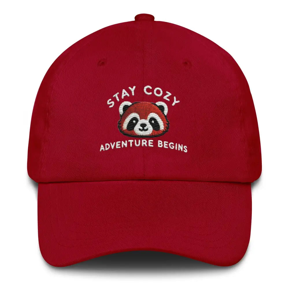 Cranberry embroidered red panda Stay Cozy dad hat – chino cotton twill wildlife cap