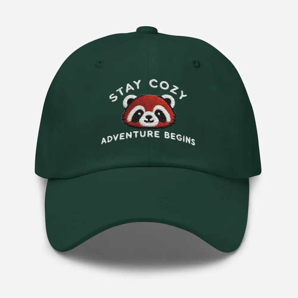 Spruce green embroidered red panda Stay Cozy hat – chino cotton twill wildlife cap