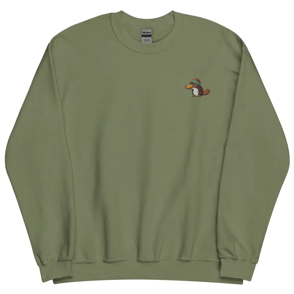 Olive green embroidered relaxed platypus sweatshirt – wildlife nature classic fit crewneck