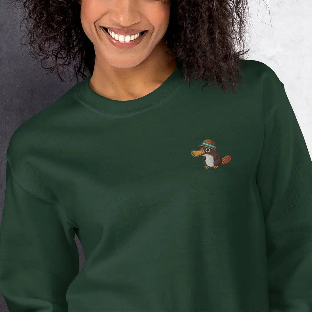 Forest green embroidered relaxed platypus wildlife sweatshirt – cozy classic fit nature crewneck