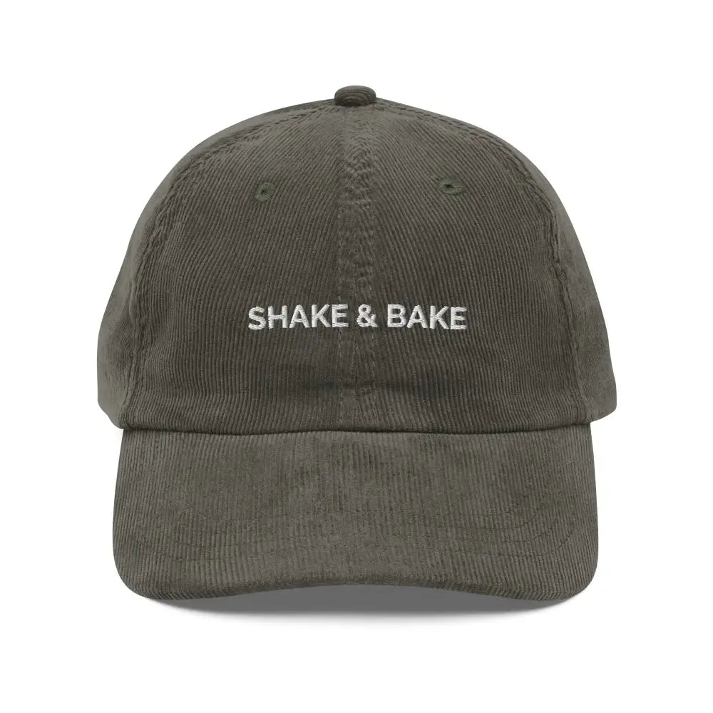 Vintage olive green corduroy cap with embroidered Shake and Bake design