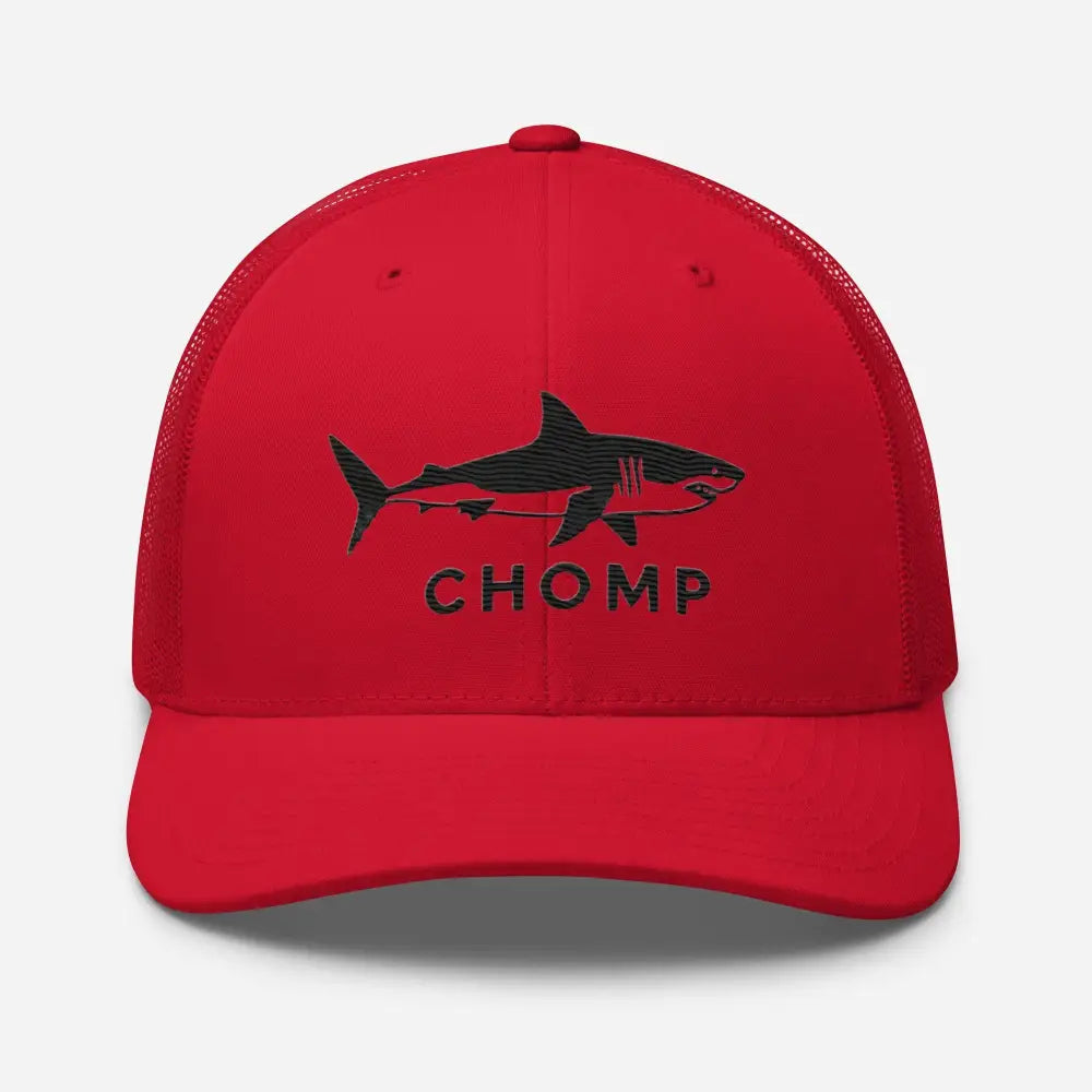 Red six-panel trucker cap with embroidered shark mesh and CHOMP text