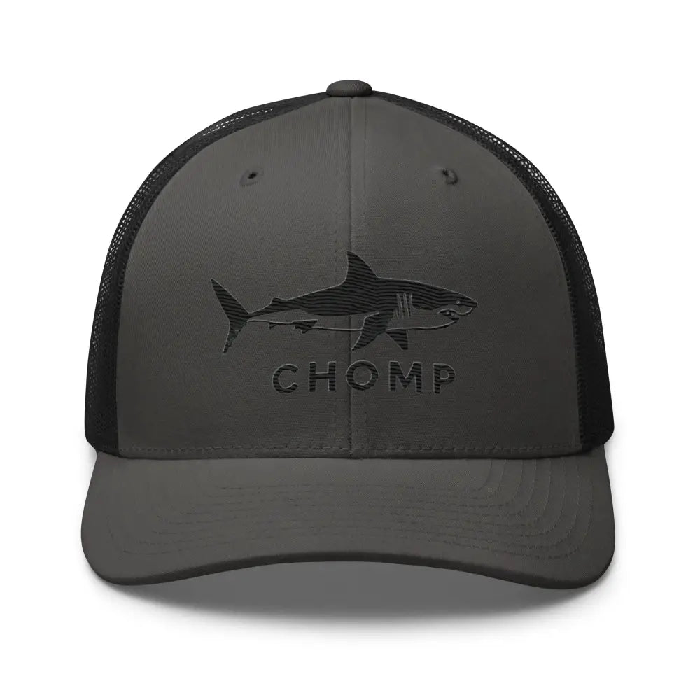 Dark gray six-panel trucker cap with embroidered shark mesh and CHOMP