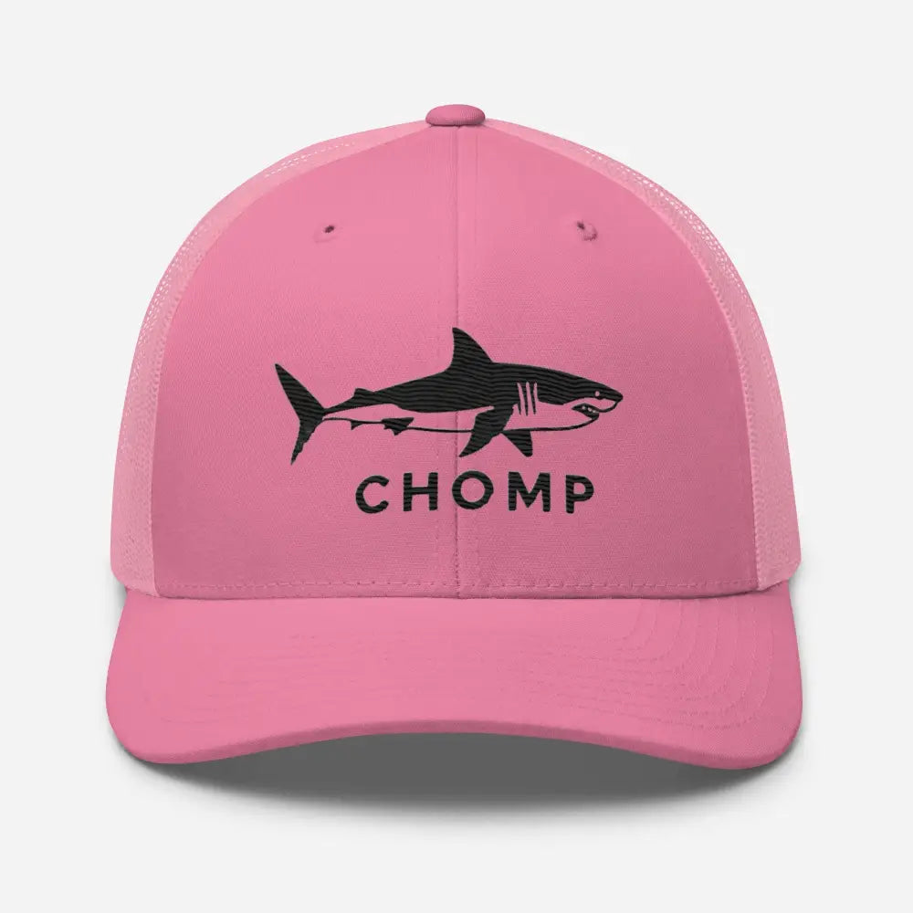 Pink six-panel trucker cap with embroidered shark mesh and CHOMP text